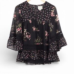 Anthropologie Maeve Steffy Bell Sleeve Black Floral Top Size XS
